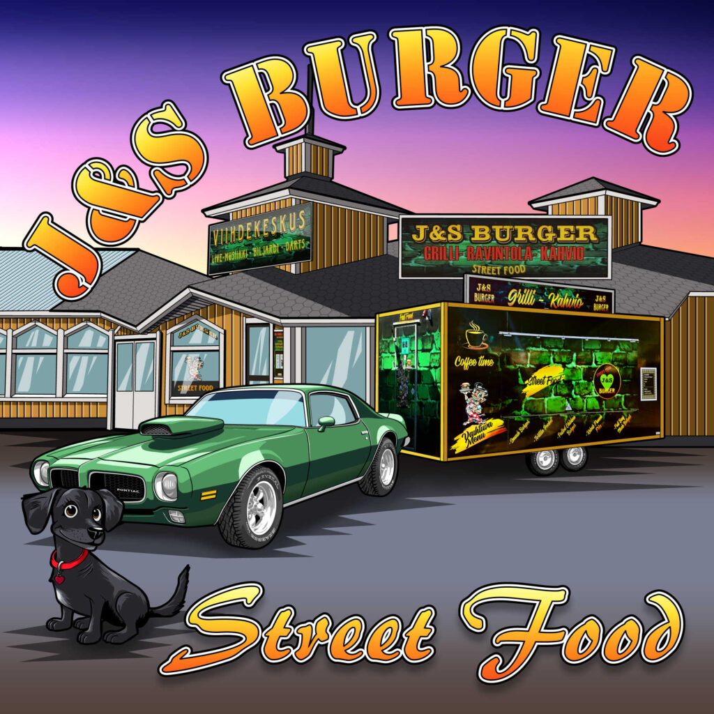 J&S Burger Grilli-ravintola viihdekeskus ja liikkuva grillivaunu/ ruokarekka.